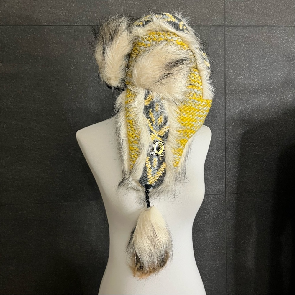 Grizzly Faux Fur Trapper Hat Yellow Gray Ivory - Picture 2 of 9
